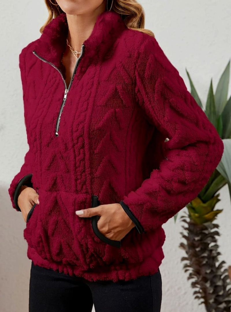 Half Zip Pullover Sweater for Women with Plush Cable Fleece and Pocket in Burgundy, side view