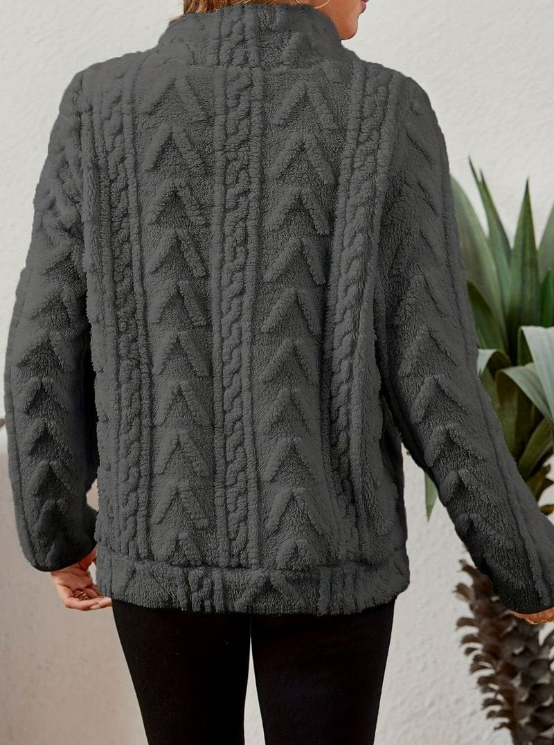 Half Zip Pullover Sweater for Women with Plush Cable Fleece and Pocket in Dark Gray, back view