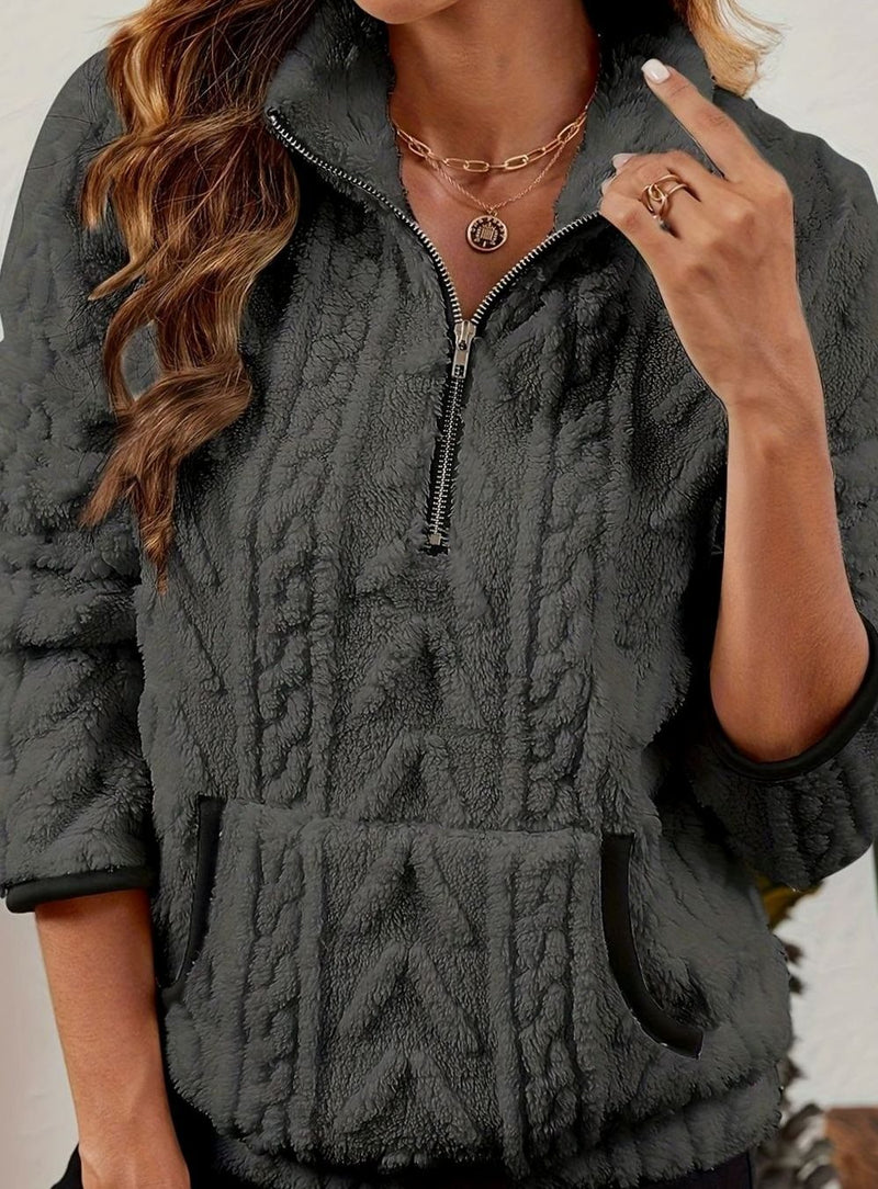 Half Zip Pullover Sweater for Women with Plush Cable Fleece and Pocket in Dark Gray, close-up