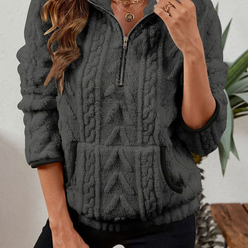 Half Zip Pullover Sweater for Women with Plush Cable Fleece and Pocket in Dark Gray, front view