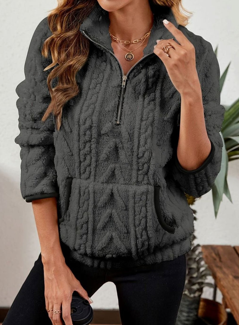 Half Zip Pullover Sweater for Women with Plush Cable Fleece and Pocket in Dark Gray, front view 2