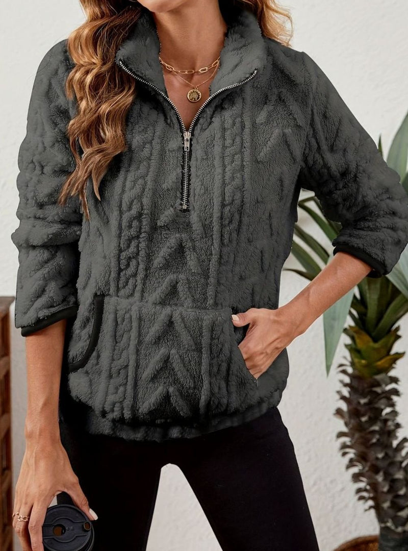 Half Zip Pullover Sweater for Women with Plush Cable Fleece and Pocket in Dark Gray, front view 3