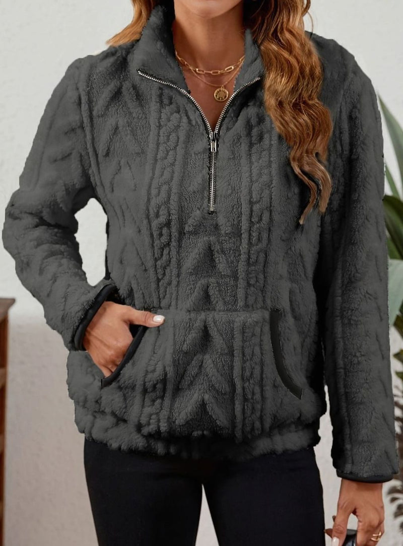 Half Zip Pullover Sweater for Women with Plush Cable Fleece and Pocket in Dark Gray, front view 4