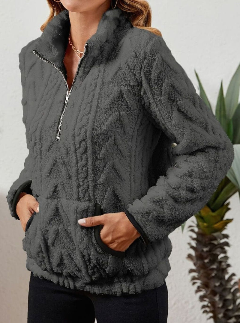 Half Zip Pullover Sweater for Women with Plush Cable Fleece and Pocket in Dark Gray, side view