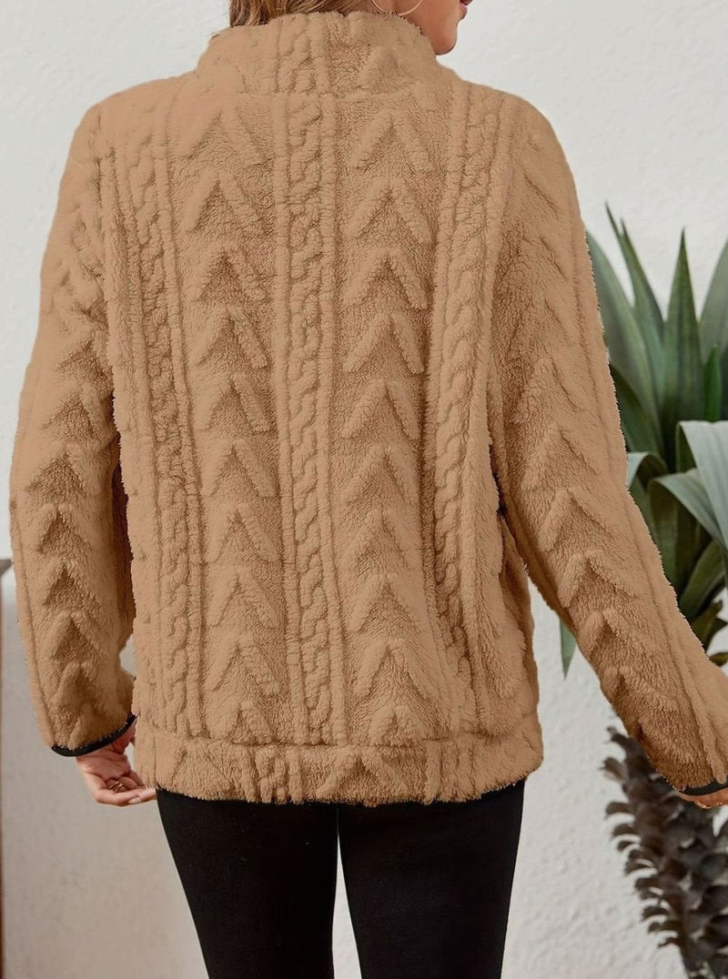 Half Zip Pullover Sweater for Women with Plush Cable Fleece and Pocket in Khaki, back view