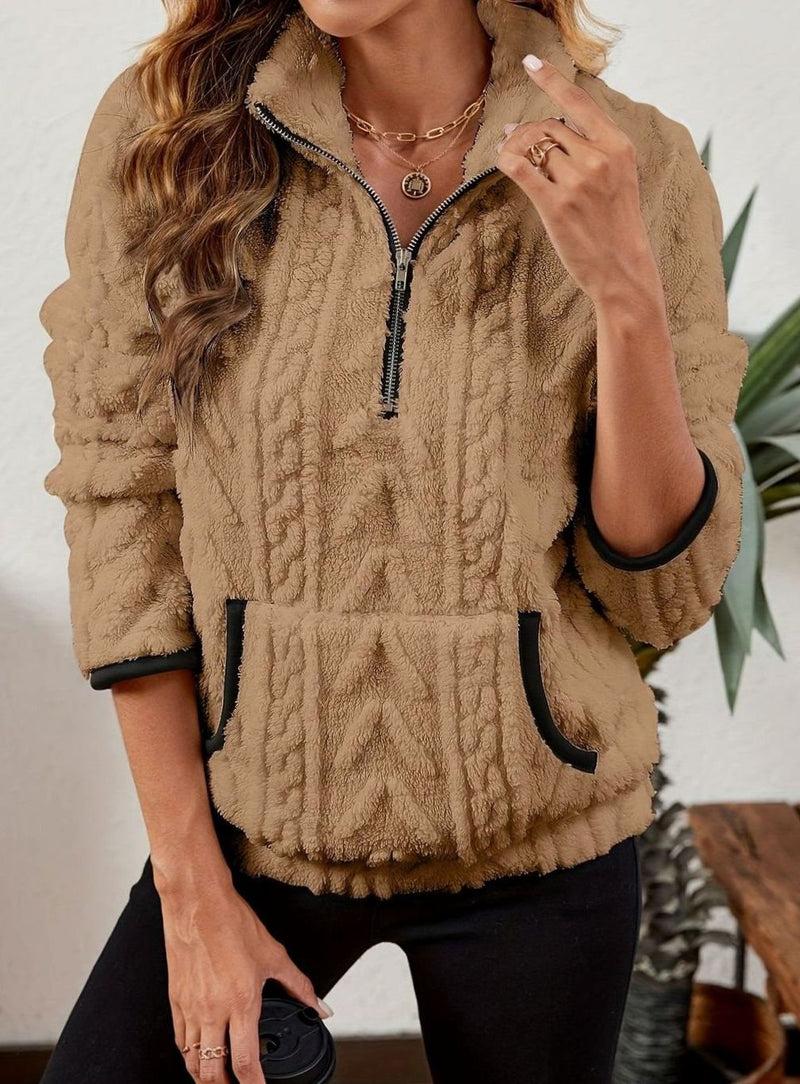 Half Zip Pullover Sweater for Women with Plush Cable Fleece and Pocket in Khaki, front view 2