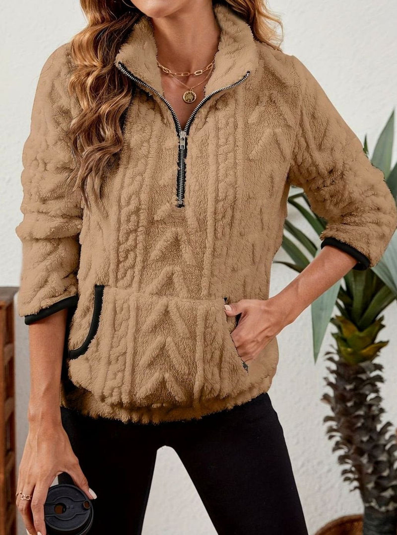 Half Zip Pullover Sweater for Women with Plush Cable Fleece and Pocket in Khaki, front view 3