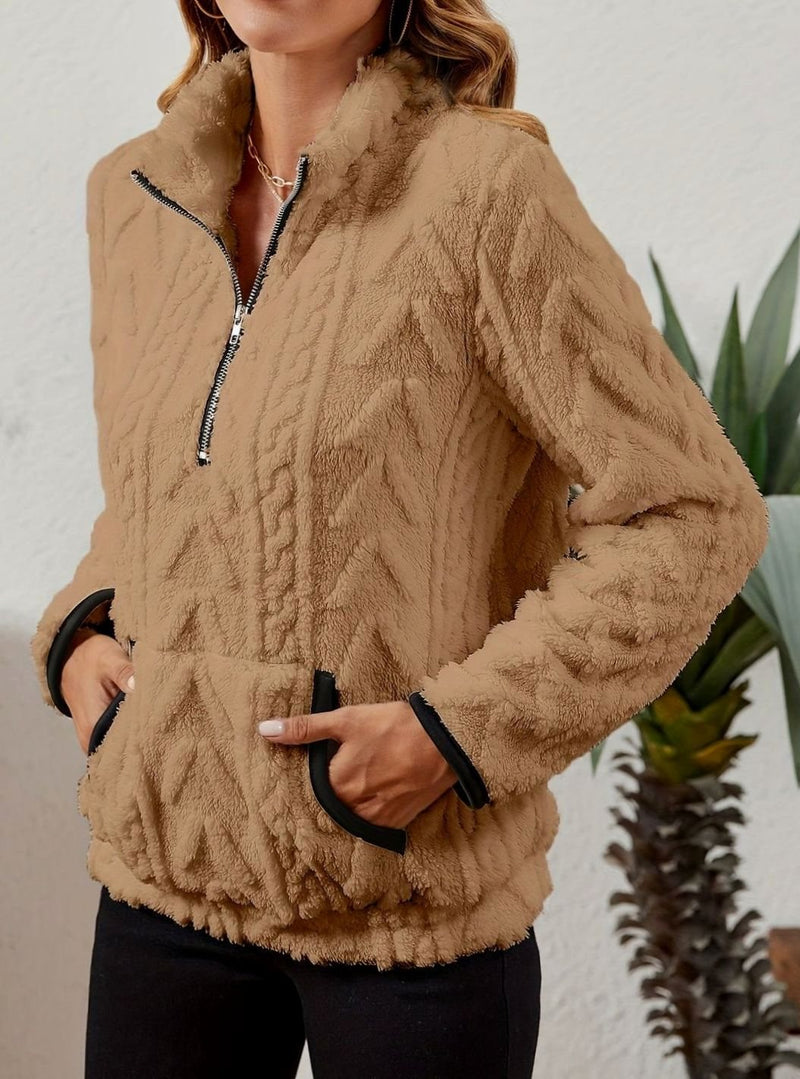 Half Zip Pullover Sweater for Women with Plush Cable Fleece and Pocket in Khaki, side view