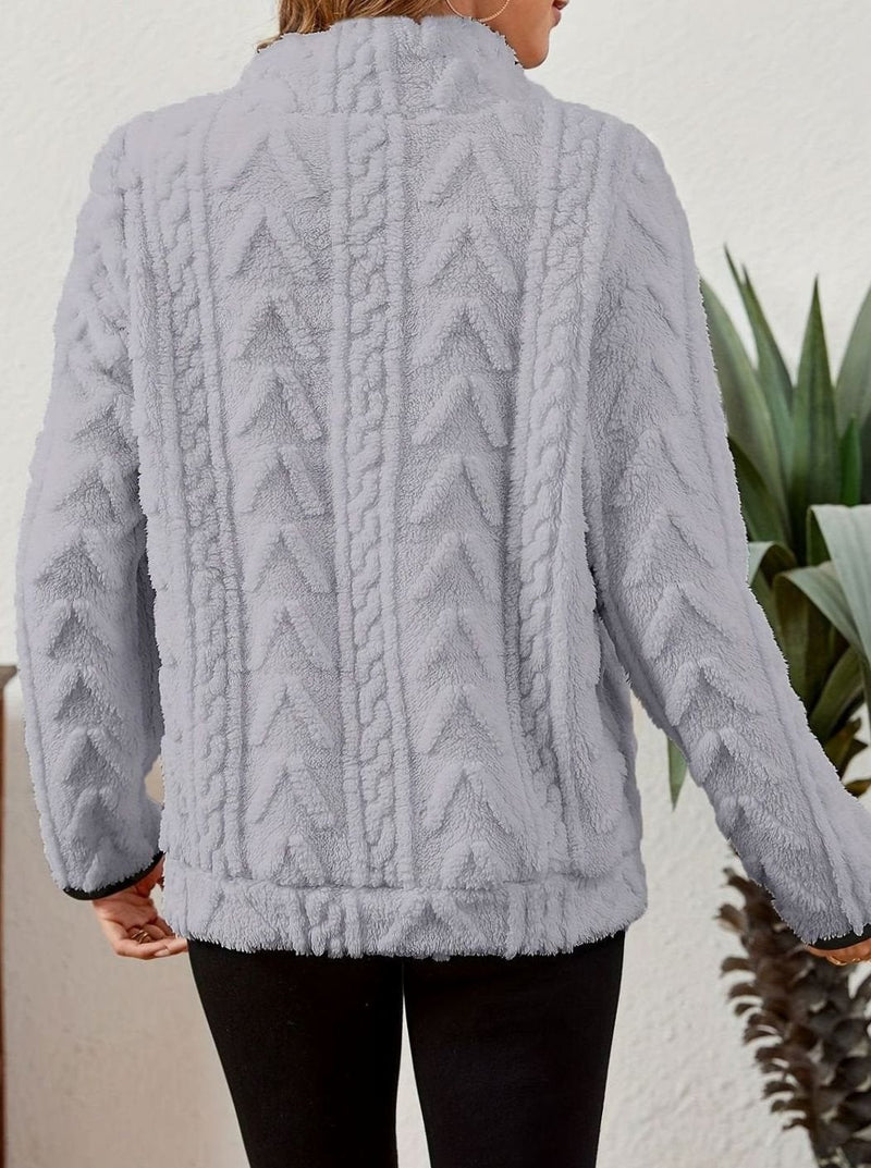 Half Zip Pullover Sweater for Women with Plush Cable Fleece and Pocket in Light Gray, back view