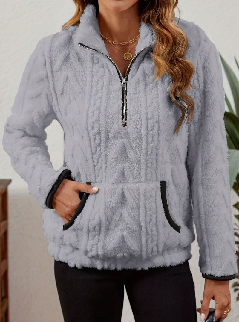 Half Zip Pullover Sweater for Women with Plush Cable Fleece and Pocket in Light Gray, front view 3