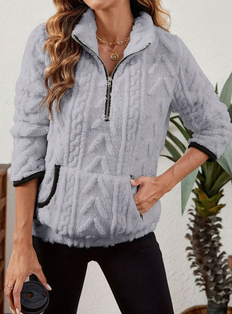 Half Zip Pullover Sweater for Women with Plush Cable Fleece and Pocket in Light Gray, front view 4