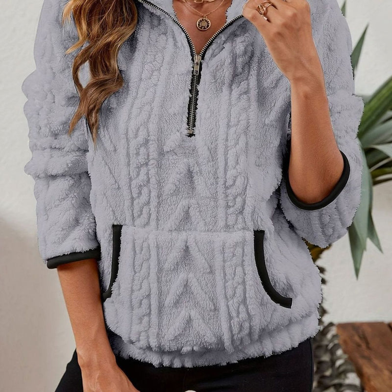 Half Zip Pullover Sweater for Women with Plush Cable Fleece and Pocket in Light Gray, front view