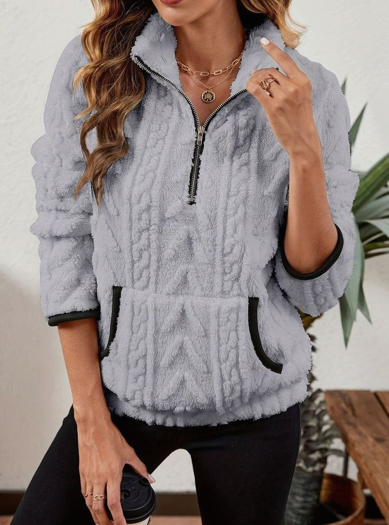 Half Zip Pullover Sweater for Women with Plush Cable Fleece and Pocket in Light Gray, front view 2