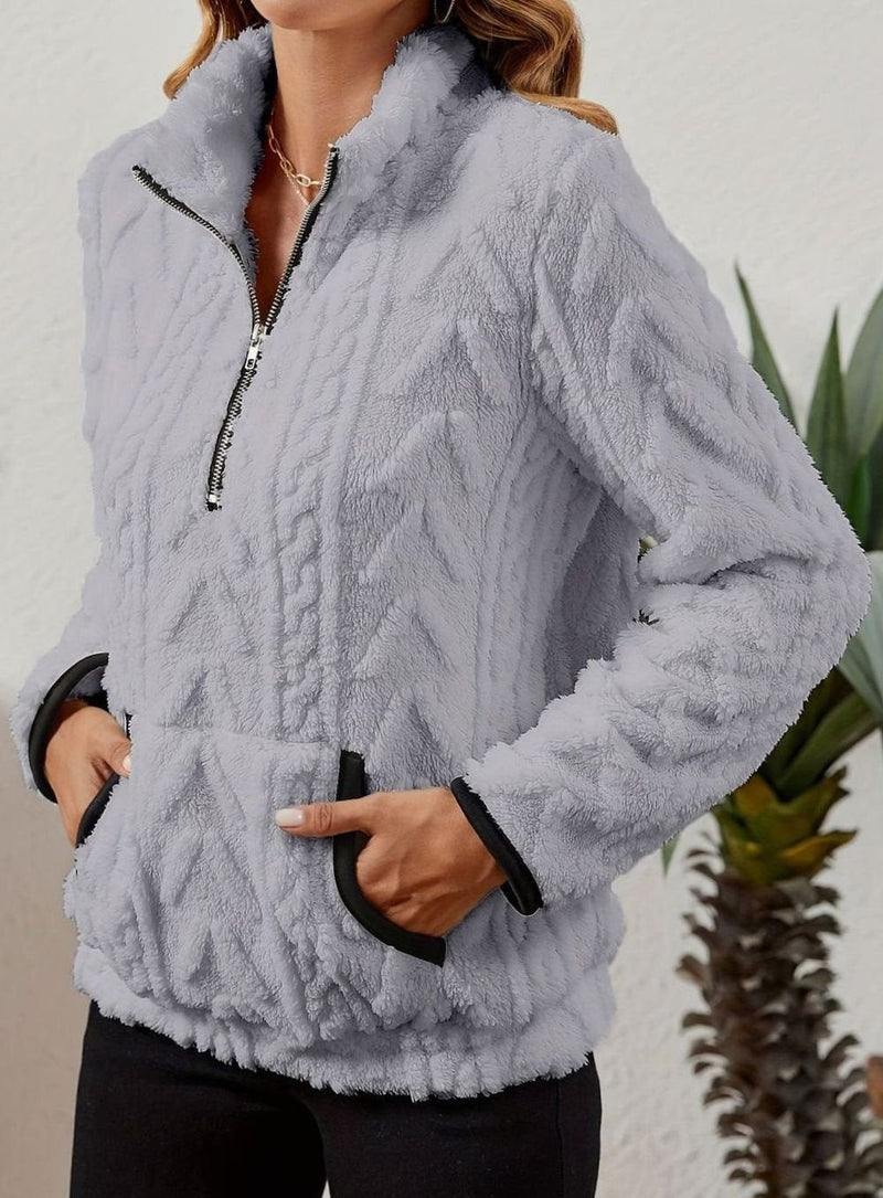 Half Zip Pullover Sweater for Women with Plush Cable Fleece and Pocket in Light Gray, side view