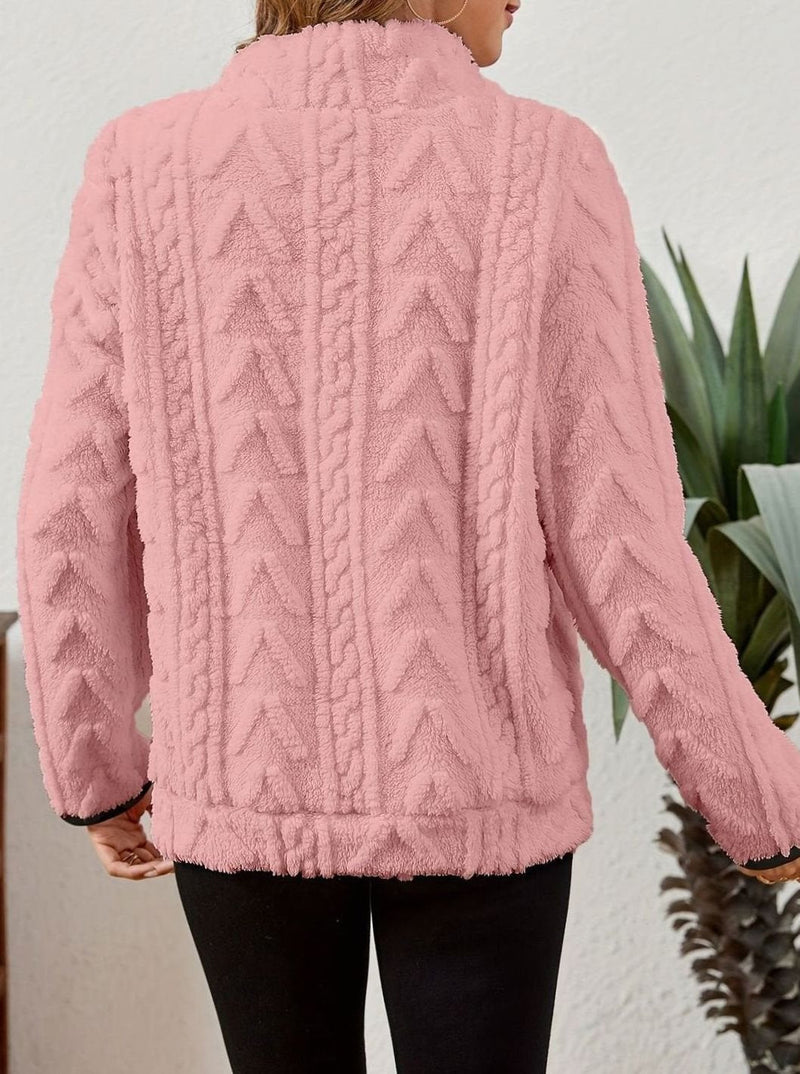 Half Zip Pullover Sweater for Women with Plush Cable Fleece and Pocket in Pink, back view