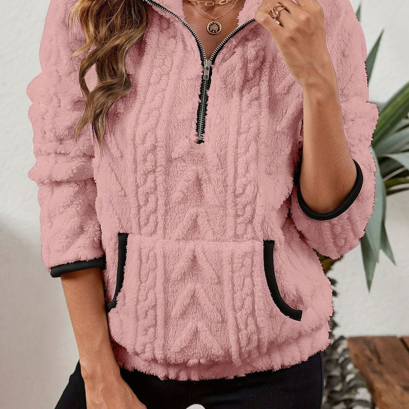 Half Zip Pullover Sweater for Women with Plush Cable Fleece and Pocket in Pink, front view