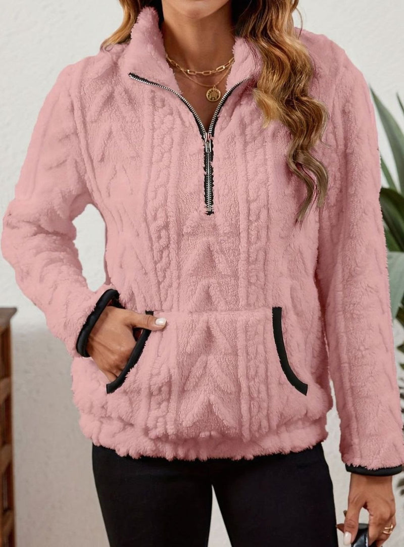 Half Zip Pullover Sweater for Women with Plush Cable Fleece and Pocket in Pink, front view 3