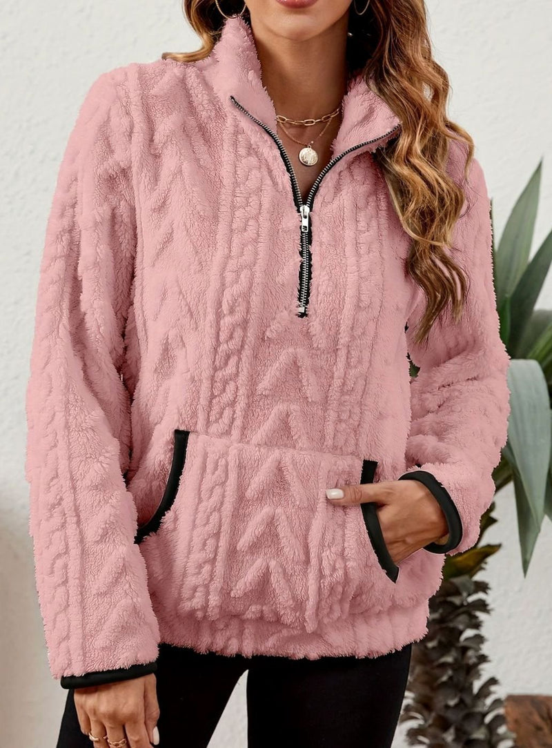 Half Zip Pullover Sweater for Women with Plush Cable Fleece and Pocket in Pink, front view 5