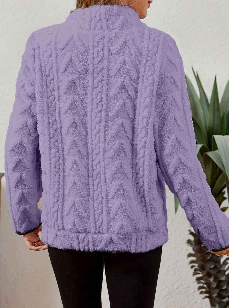 Half Zip Pullover Sweater for Women with Plush Cable Fleece and Pocket in Purple, back view
