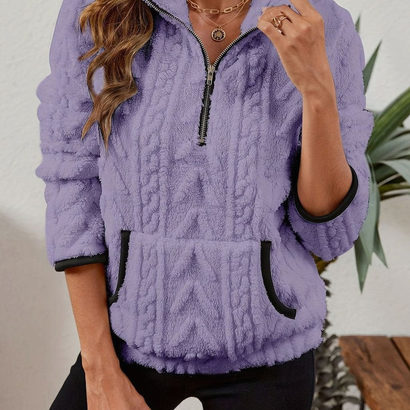 Half Zip Pullover Sweater for Women with Plush Cable Fleece and Pocket in Purple, front view