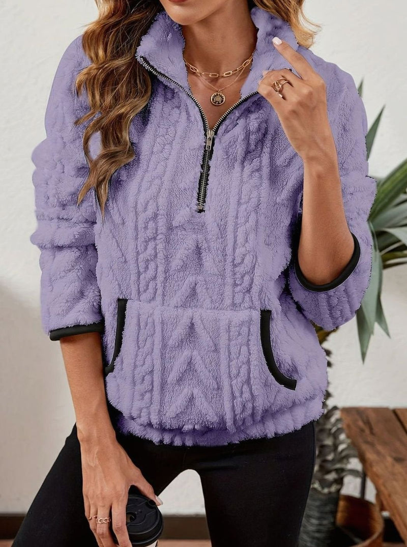 Half Zip Pullover Sweater for Women with Plush Cable Fleece and Pocket in Purple, front view 2