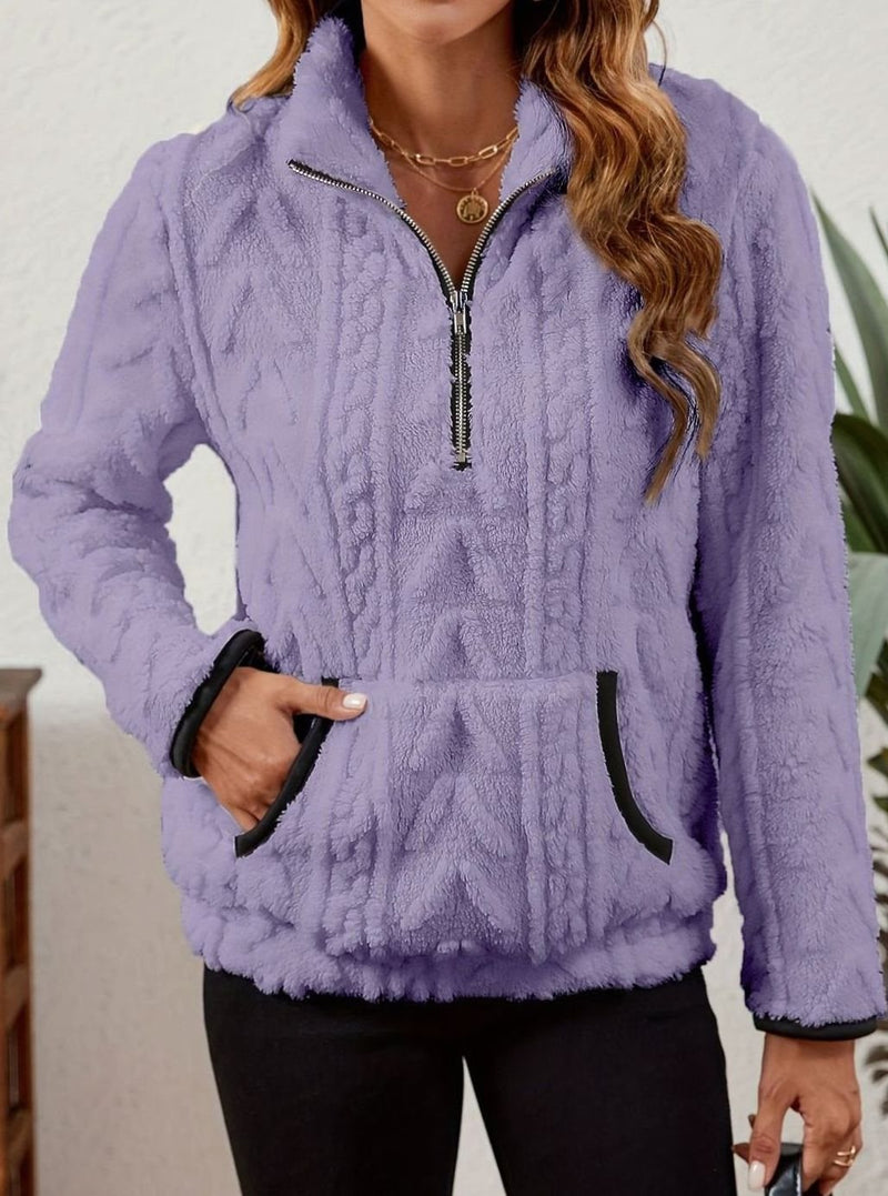 Half Zip Pullover Sweater for Women with Plush Cable Fleece and Pocket in Purple, front view 3
