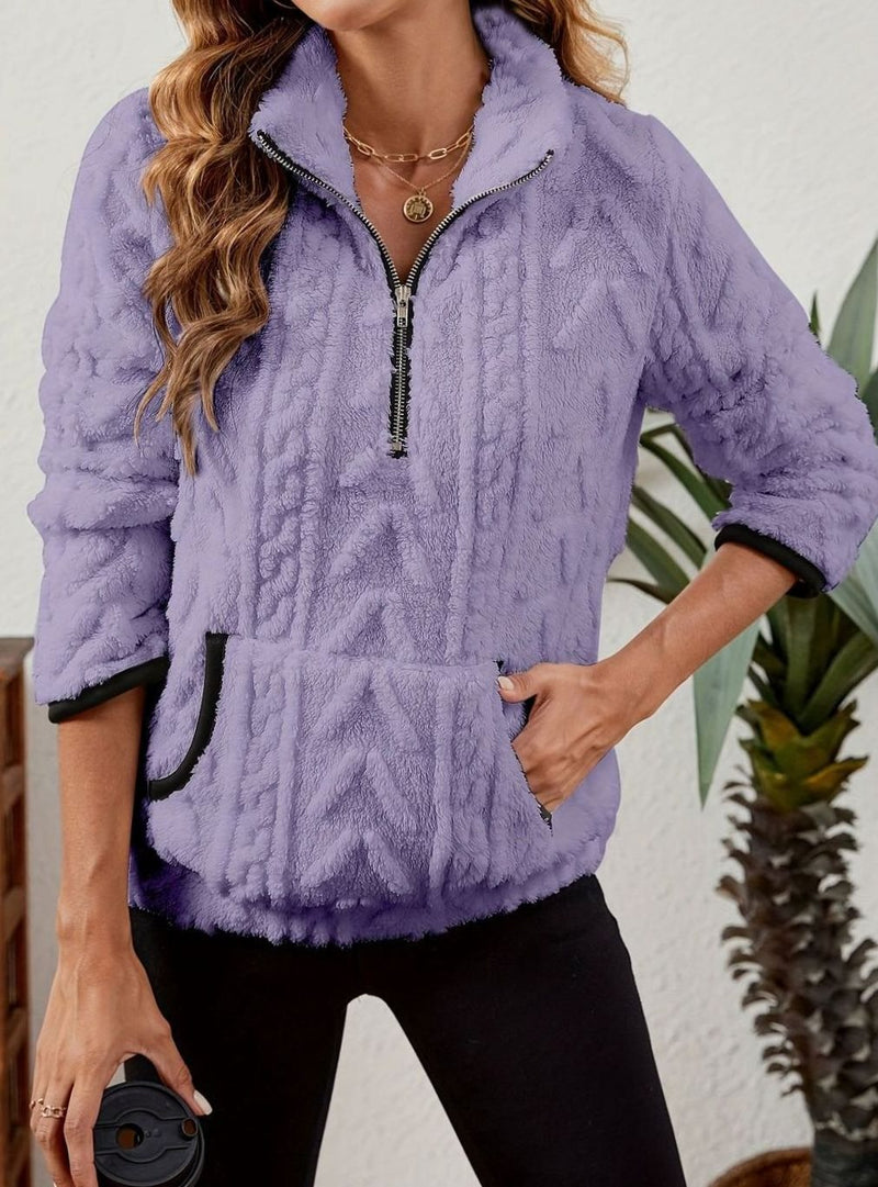 Half Zip Pullover Sweater for Women with Plush Cable Fleece and Pocket in Purple, front view 4