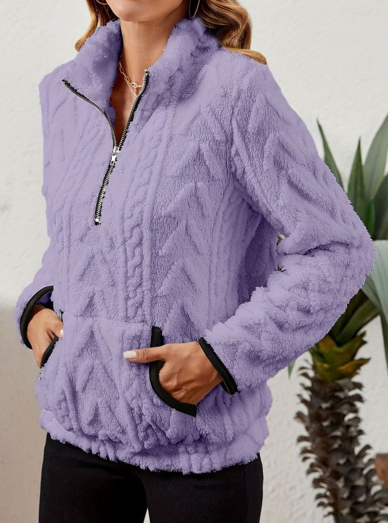 Half Zip Pullover Sweater for Women with Plush Cable Fleece and Pocket in Purple, side view