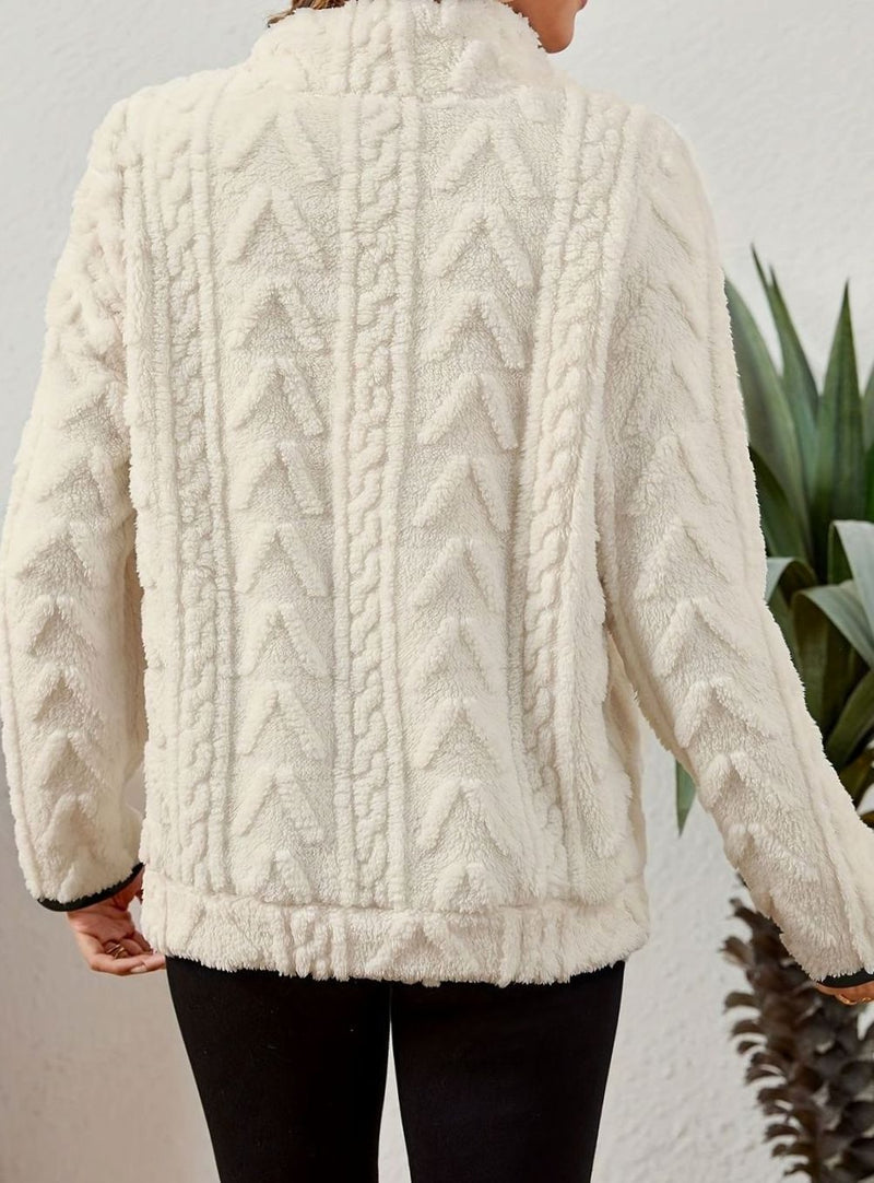 Half Zip Pullover Sweater for Women with Plush Cable Fleece and Pocket in White, back view