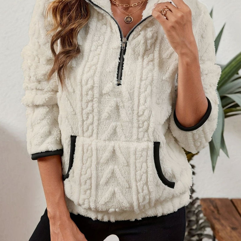 Half Zip Pullover Sweater for Women with Plush Cable Fleece and Pocket in White, front view