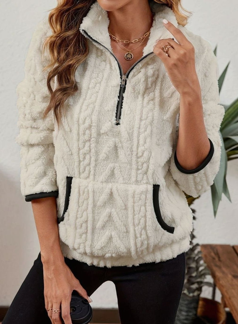 Half Zip Pullover Sweater for Women with Plush Cable Fleece and Pocket in White, front view 2