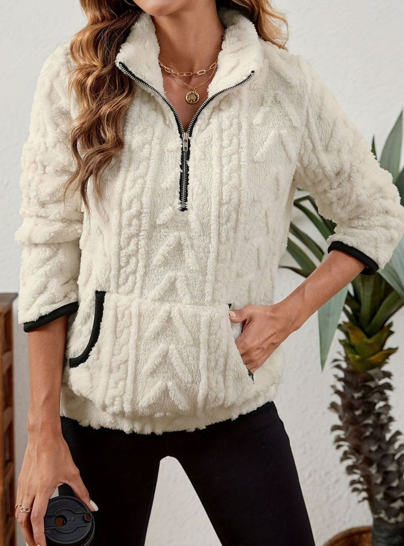 Half Zip Pullover Sweater for Women with Plush Cable Fleece and Pocket in White, front view 3