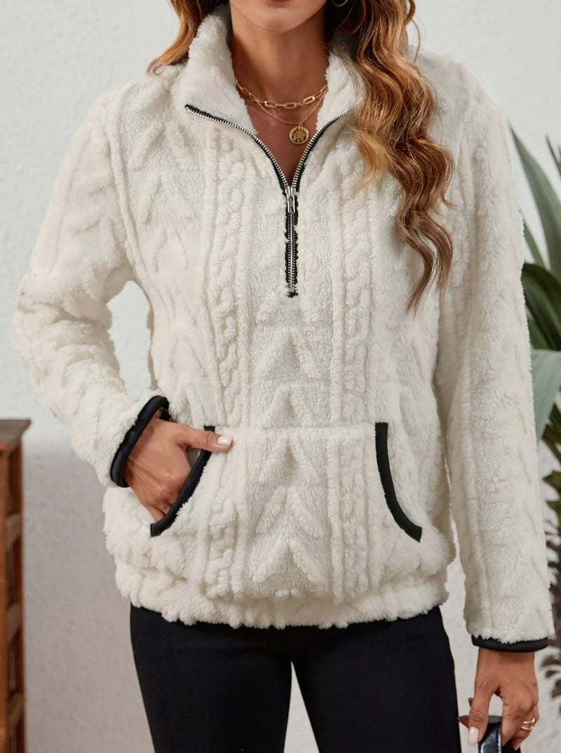 Half Zip Pullover Sweater for Women with Plush Cable Fleece and Pocket in White, front view 4
