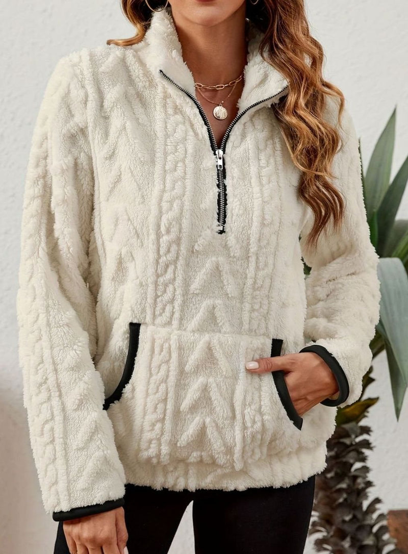 Half Zip Pullover Sweater for Women with Plush Cable Fleece and Pocket in White, front view 5
