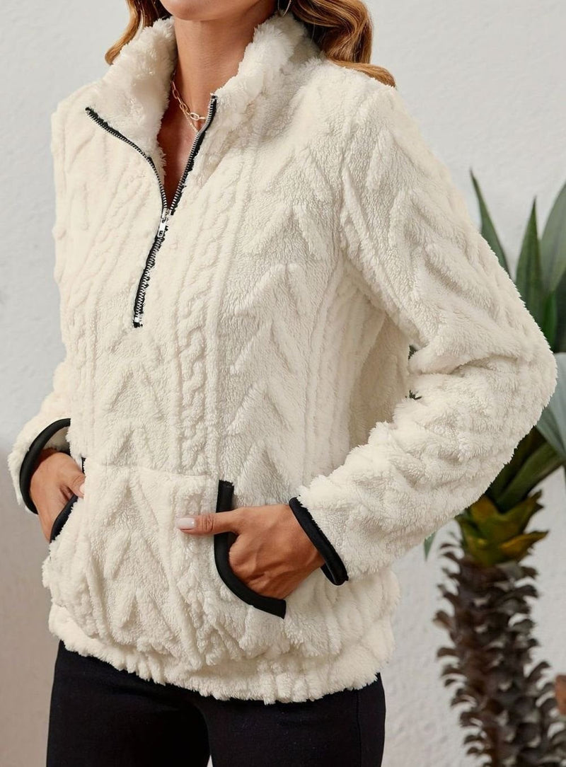 Half Zip Pullover Sweater for Women with Plush Cable Fleece and Pocket in White, side view