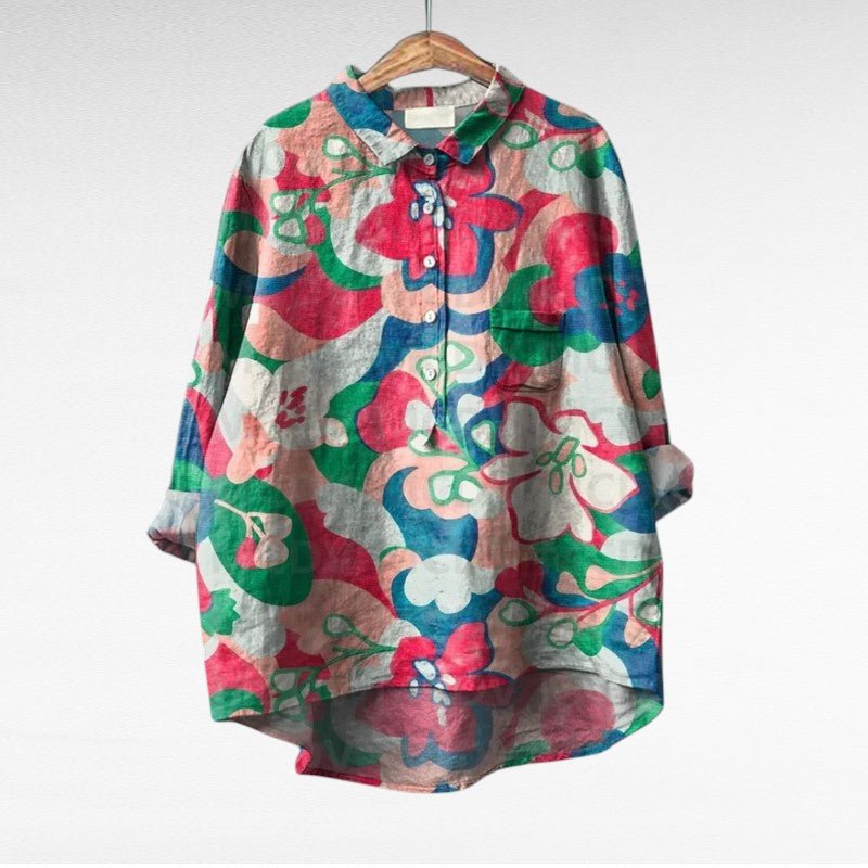 Floral Print Blouse for Women with Chest Pocket and High Low Hem in Abstract Print, front view