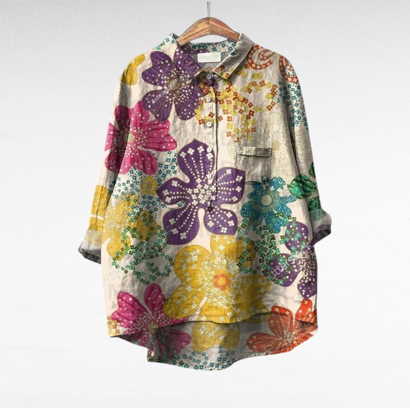 Floral Print Blouse for Women with Chest Pocket and High Low Hem in Cream Floral, front view