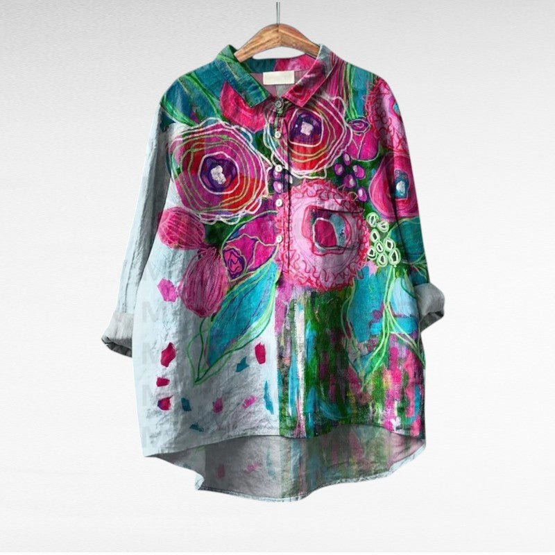 Floral Print Blouse for Women with Chest Pocket and High Low Hem in Light Blue Floral, front view