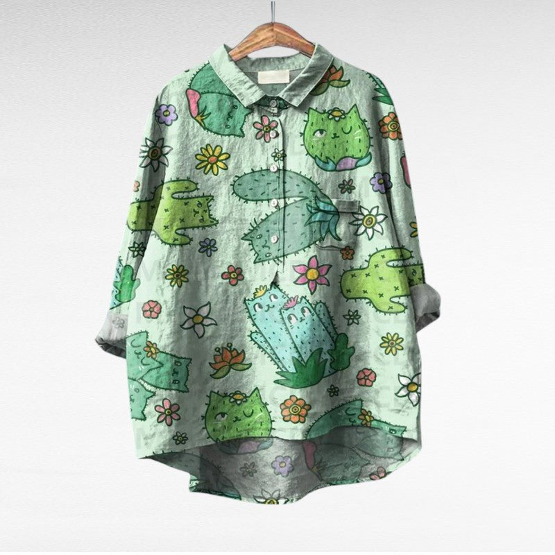 Floral Print Blouse for Women with Chest Pocket and High Low Hem in Mint Cactus Print, front view