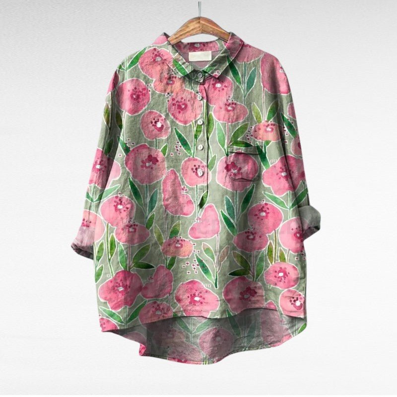 Floral Print Blouse for Women with Chest Pocket and High Low Hem in Pink Floral, front view