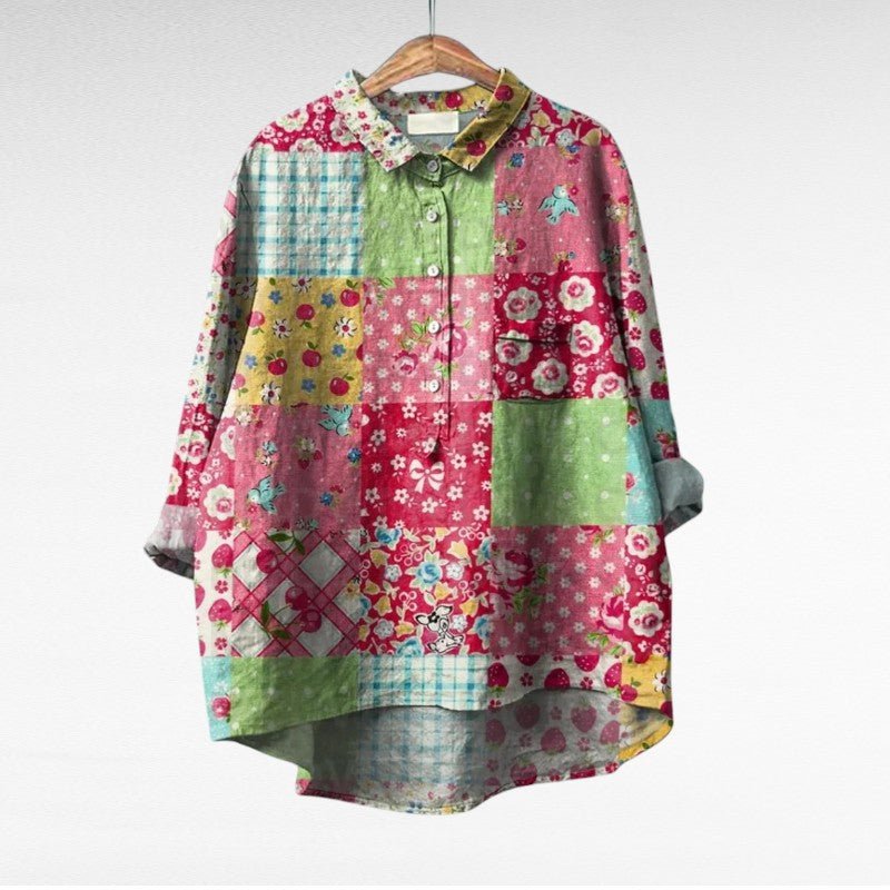 Floral Print Blouse for Women with Chest Pocket and High Low Hem in Pink Patchwork, front view