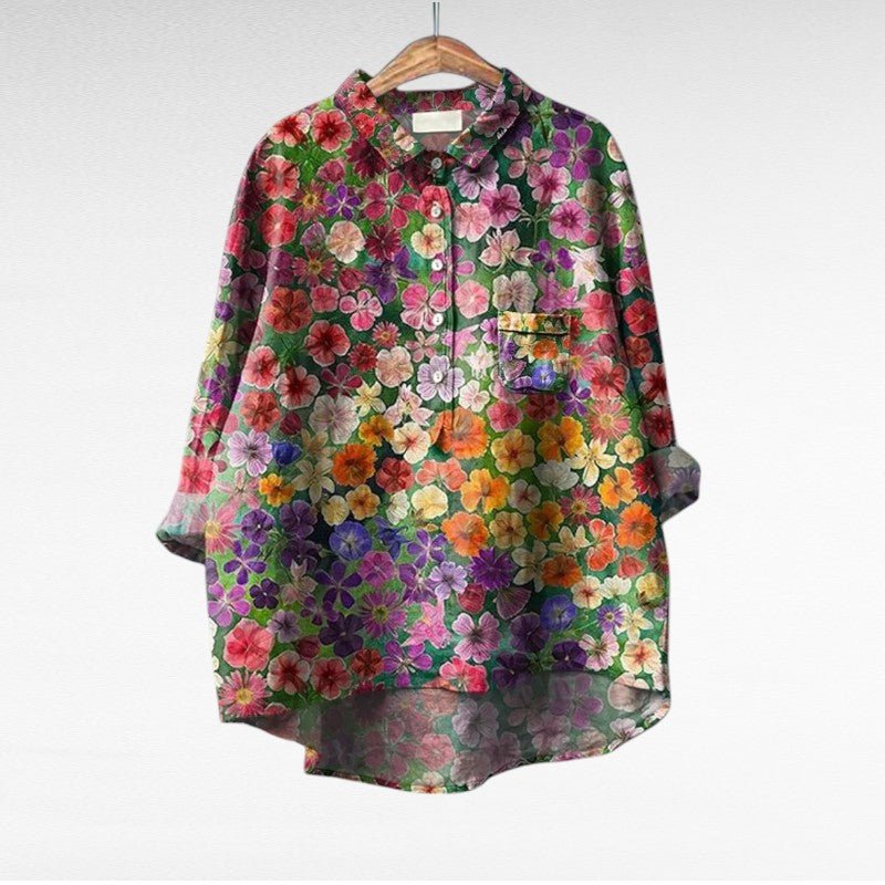 Floral Print Blouse for Women with Chest Pocket and High Low Hem in Red Floral, front view