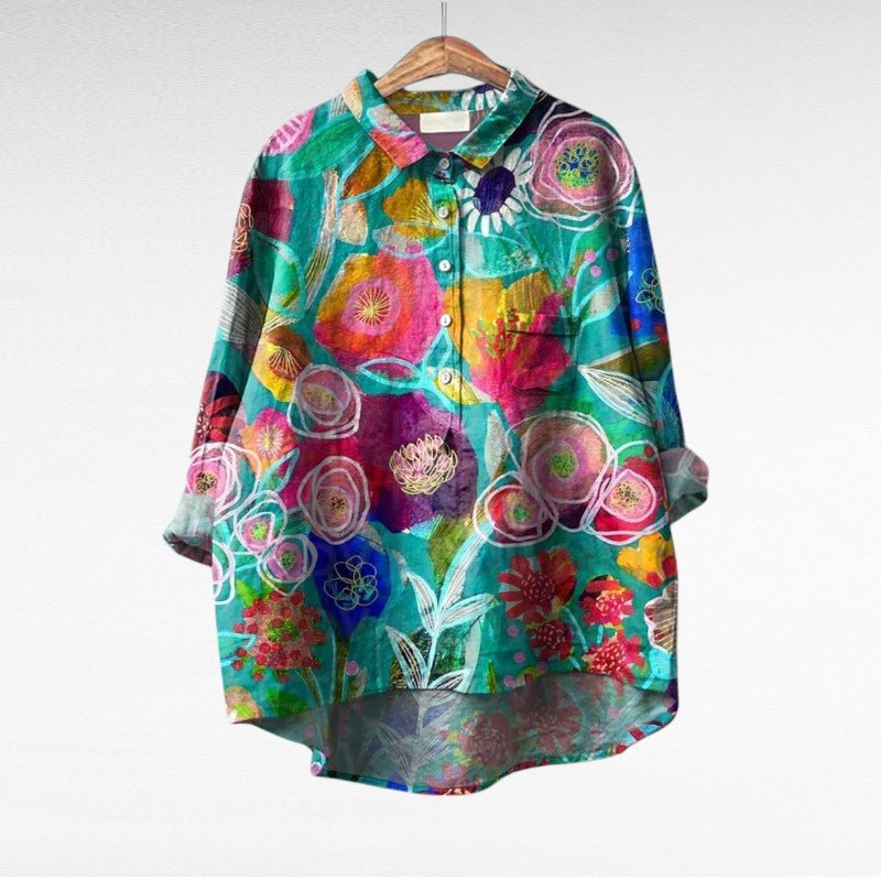 Floral Print Blouse for Women with Chest Pocket and High Low Hem in Turquoise Floral, front view