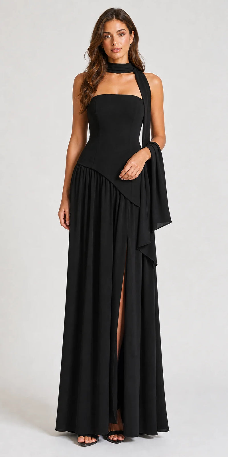 Sofaine Skylar strapless high-slit maxi dress in Black, worn front