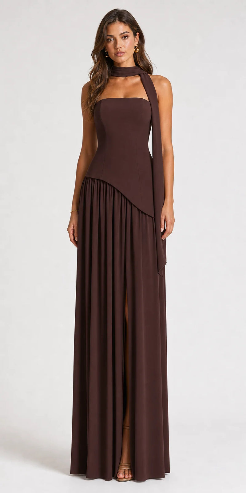 Sofaine Skylar strapless high-slit maxi dress in Brown, worn front