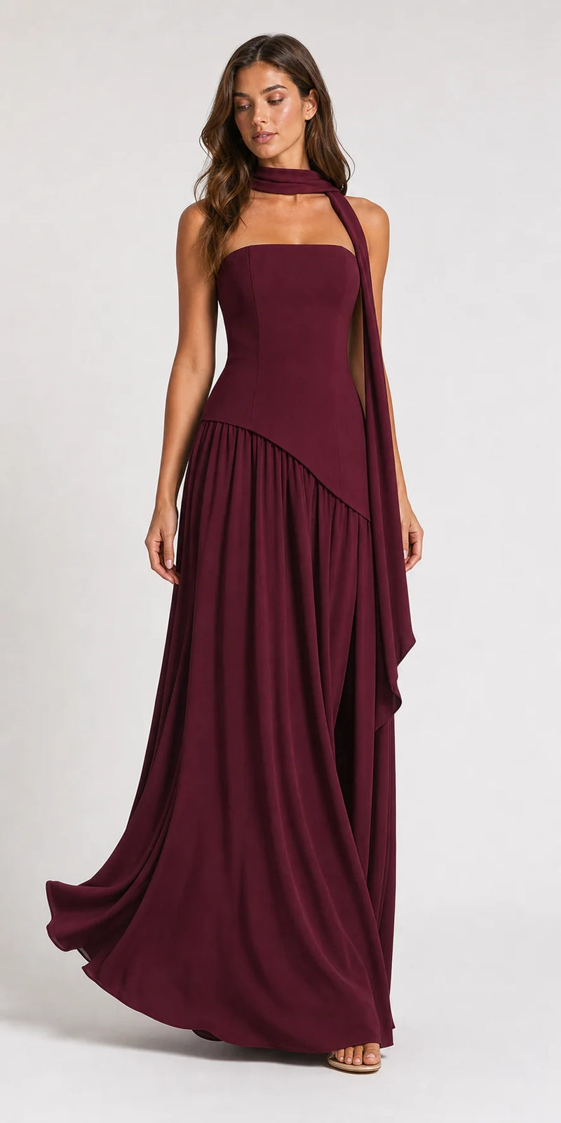 Sofaine Skylar strapless high-slit maxi dress in Burgundy, worn front