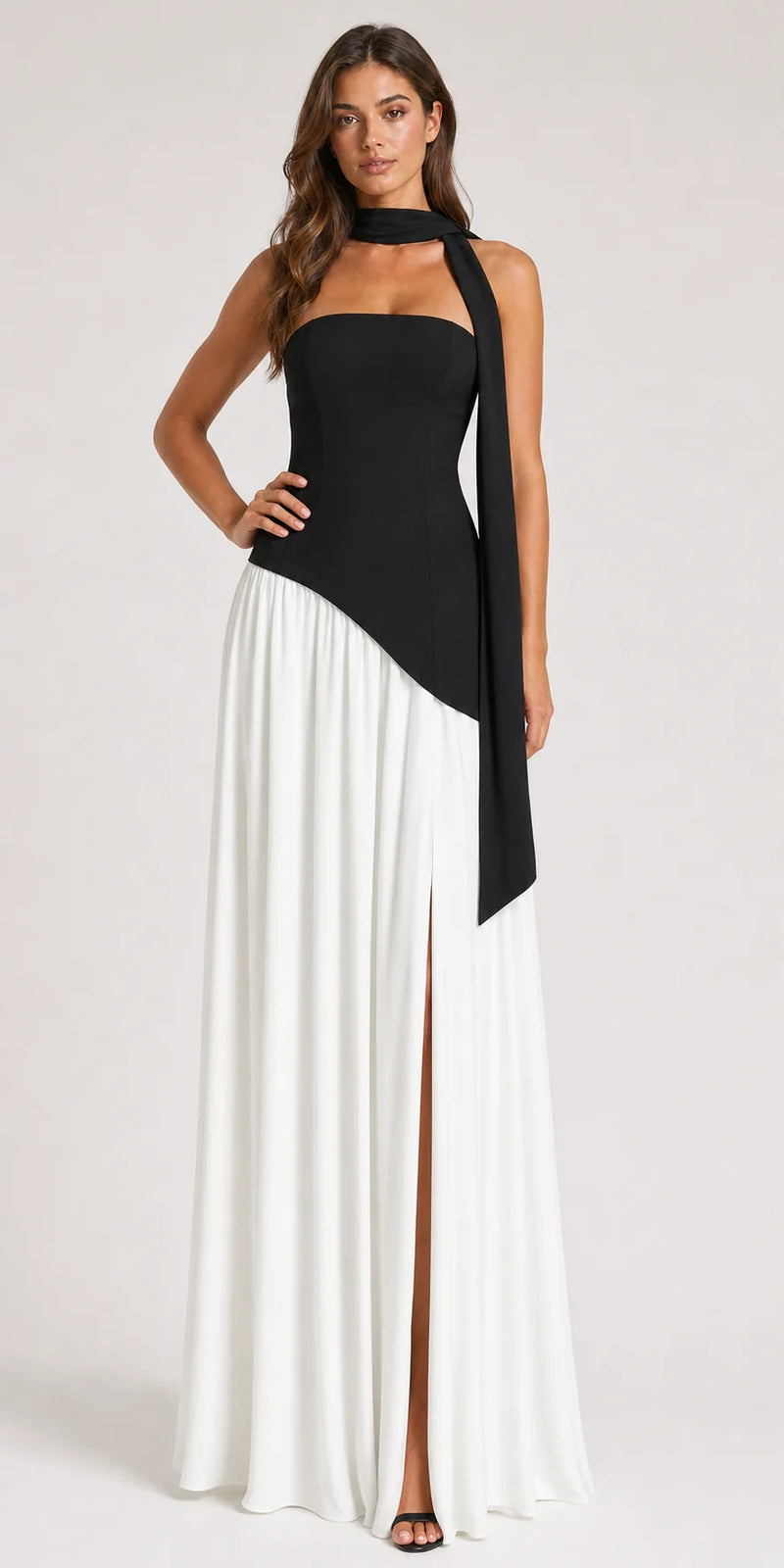 Sofaine Skylar strapless high-slit maxi dress in Black & White colour-block, worn front