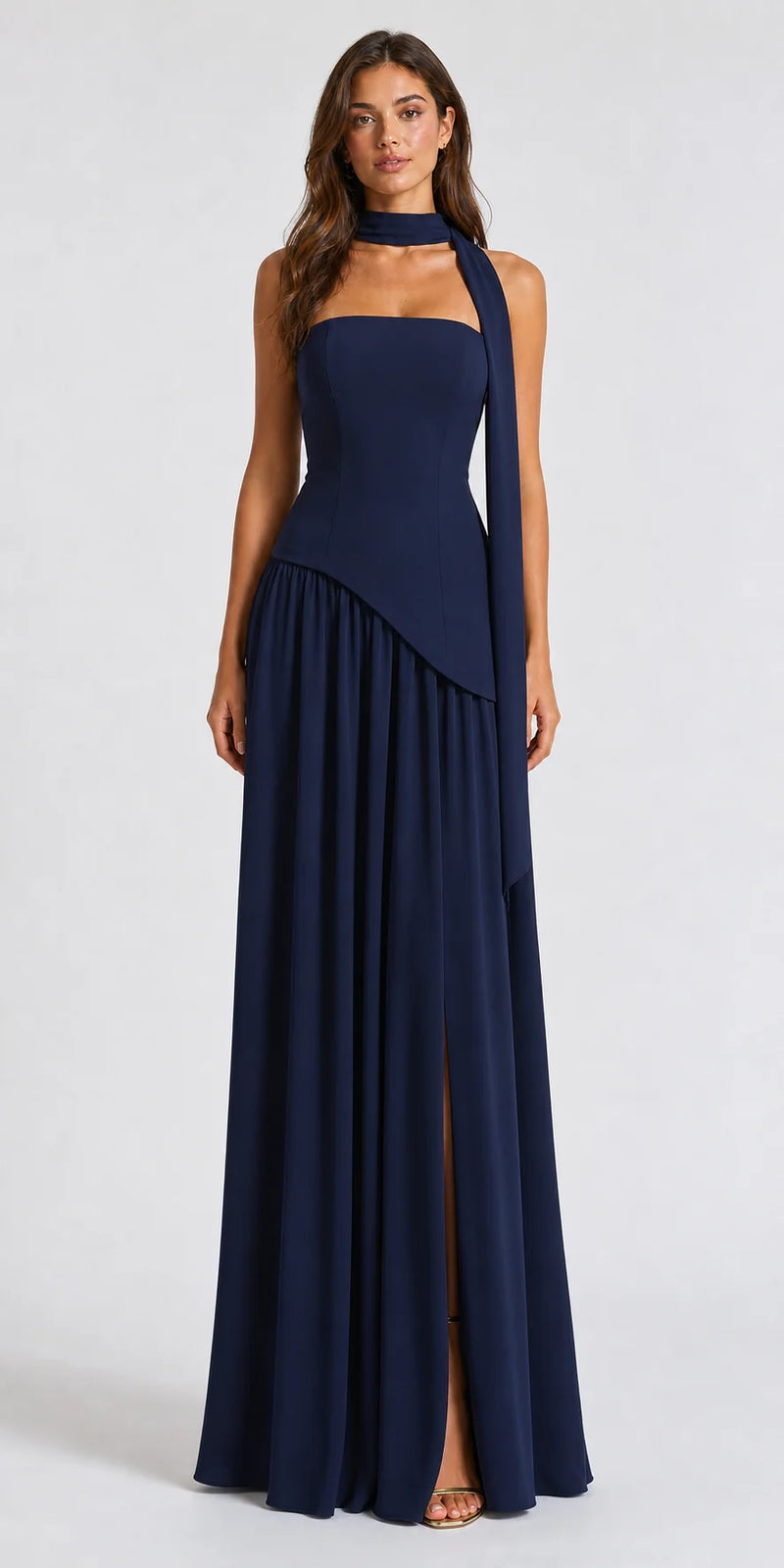 Sofaine Skylar strapless high-slit maxi dress in Dark Blue, worn front
