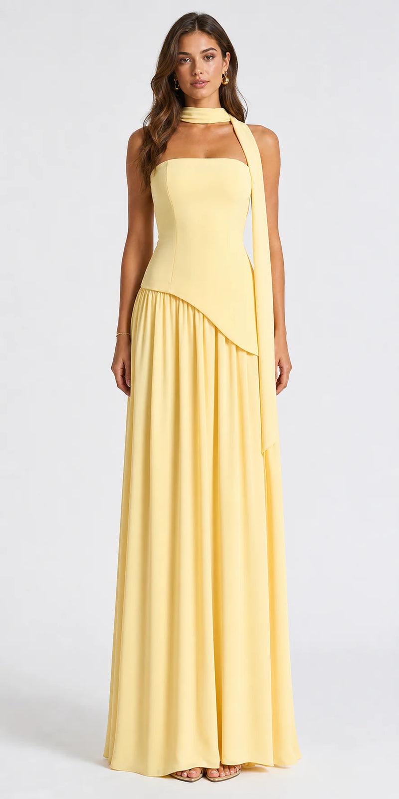 Sofaine Skylar strapless high-slit maxi dress in Light Yellow, worn front hero