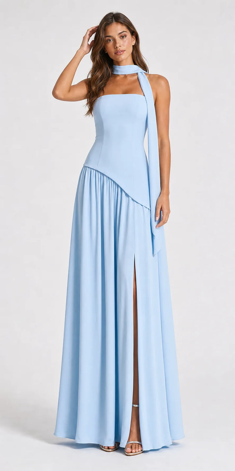 Sofaine Skylar strapless high-slit maxi dress in Light Blue, worn front